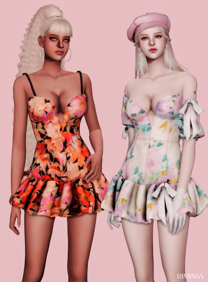 Floral off-shoulder & Sleeveless strap Mini Dresses at RIMINGs sims 4 clothes